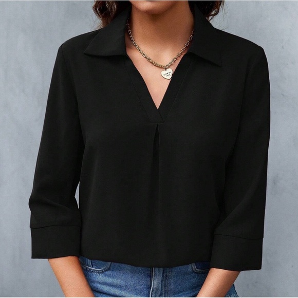 V neck fold over collar pleated 3/4 sleeve blouse red - Picture 3 of 3